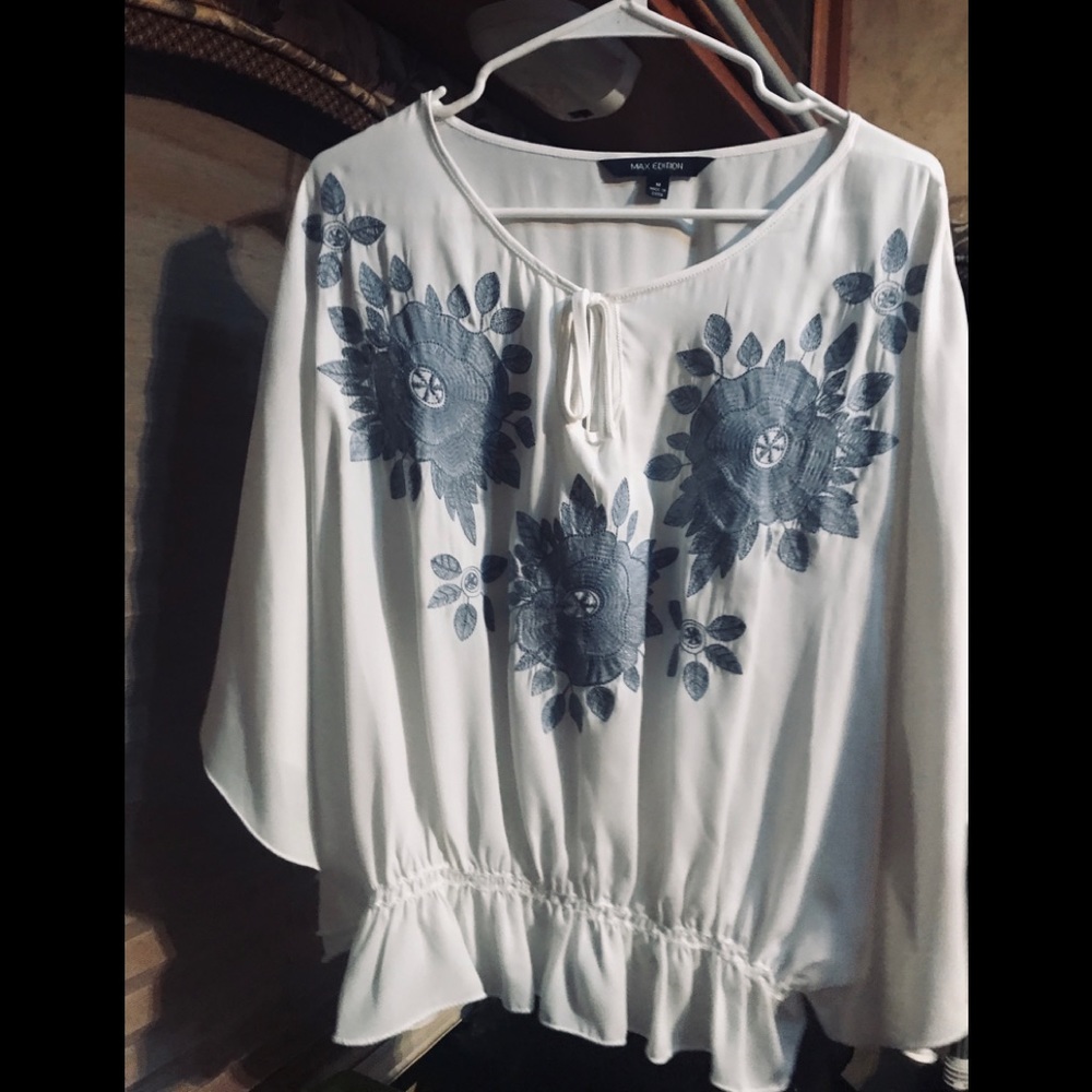 Max Edition sheer white with baby blue print top